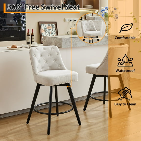 Swivel Bar Stool Set of 2, Modern Gray Barstool, Counter Height Stool with Button Tufted Back, Footrest, Linen Upholstered Bar Chair Set for Kitchen, Island, Dining Room