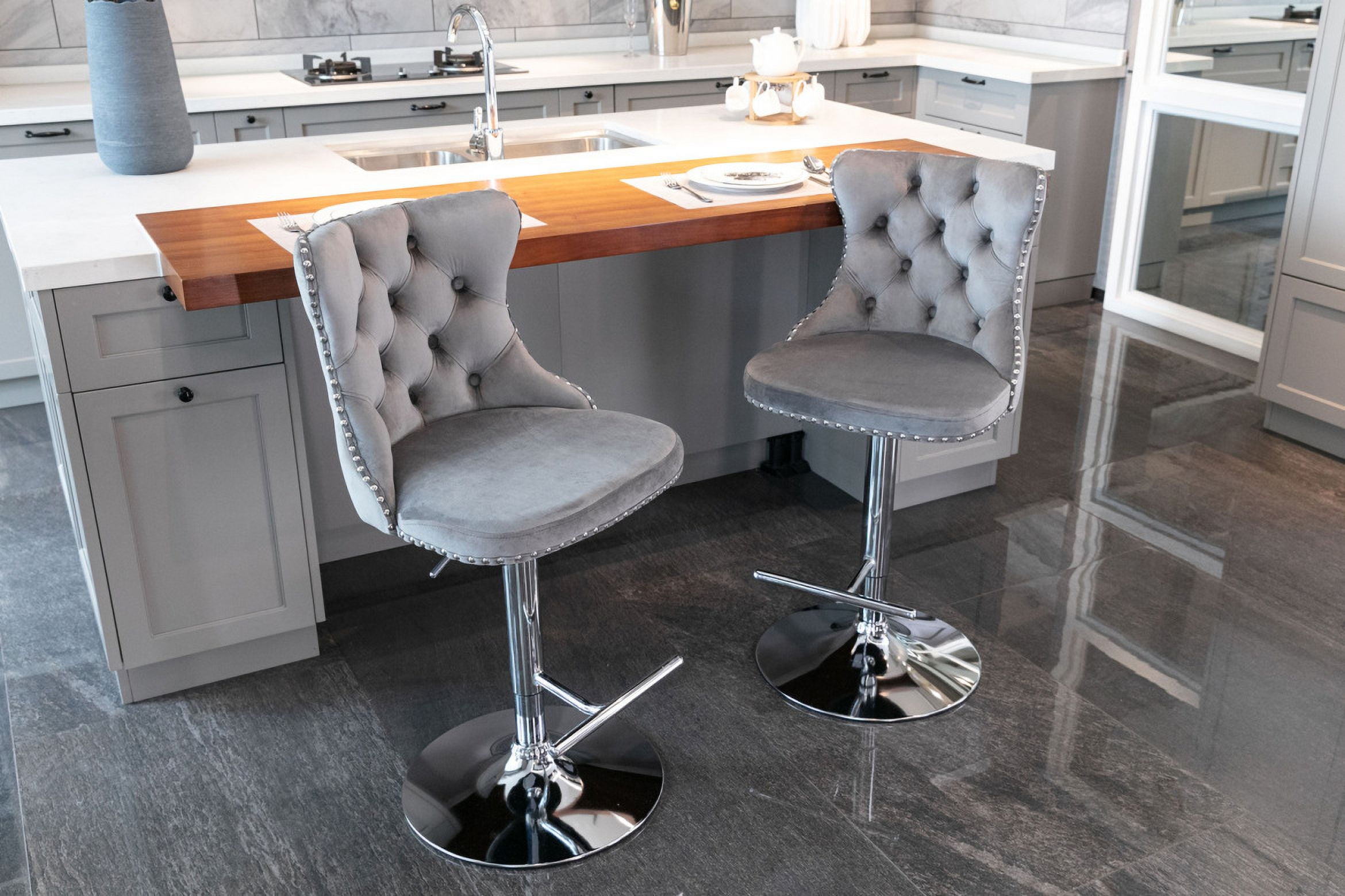 Swivel Bar Stool Set of 2, Velvet Adjustable Barstools with Tufted ...