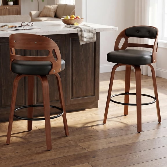 Swivel Bar Stool Set of 2, Wooden Bar Stool with Backrest,Thickened Cushion, Suitable for Kitchen Islands, Bar Counters, Home Bars, Restaurants, Cafes, and Bars,Black