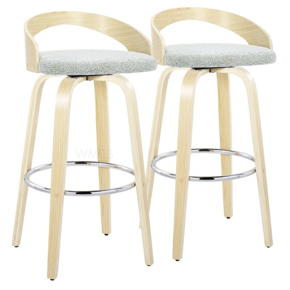 Swivel Bar Stool Set, Light Green Fabric and Wood with Chrome Footrest, 30 Inch Fixed Height Counter Stools (2 Pack)