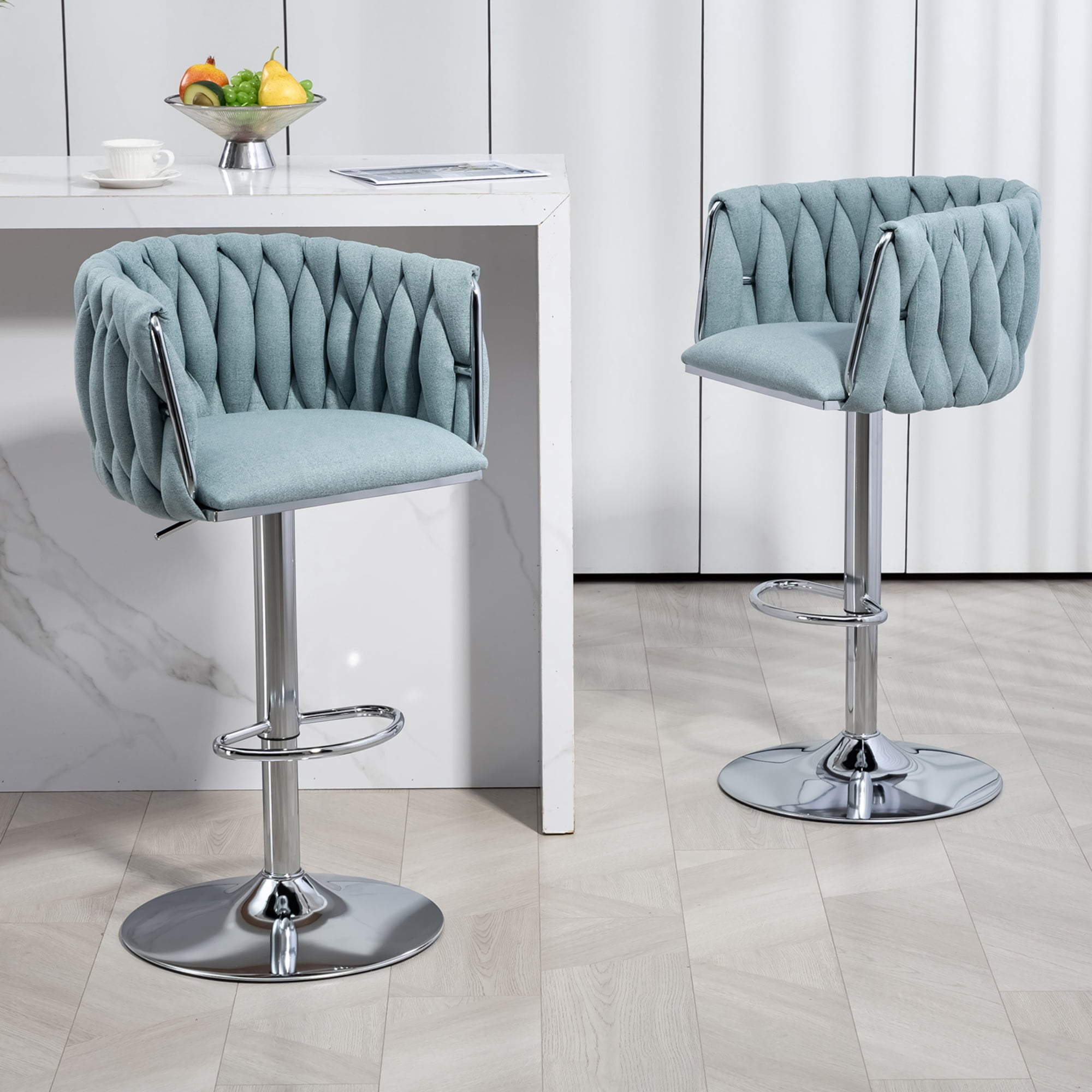 Swivel Bar Stool Set of 2, Adjustable Counter Height Chair with Woven Back and Footrest for Kitchen Cafe, Blue