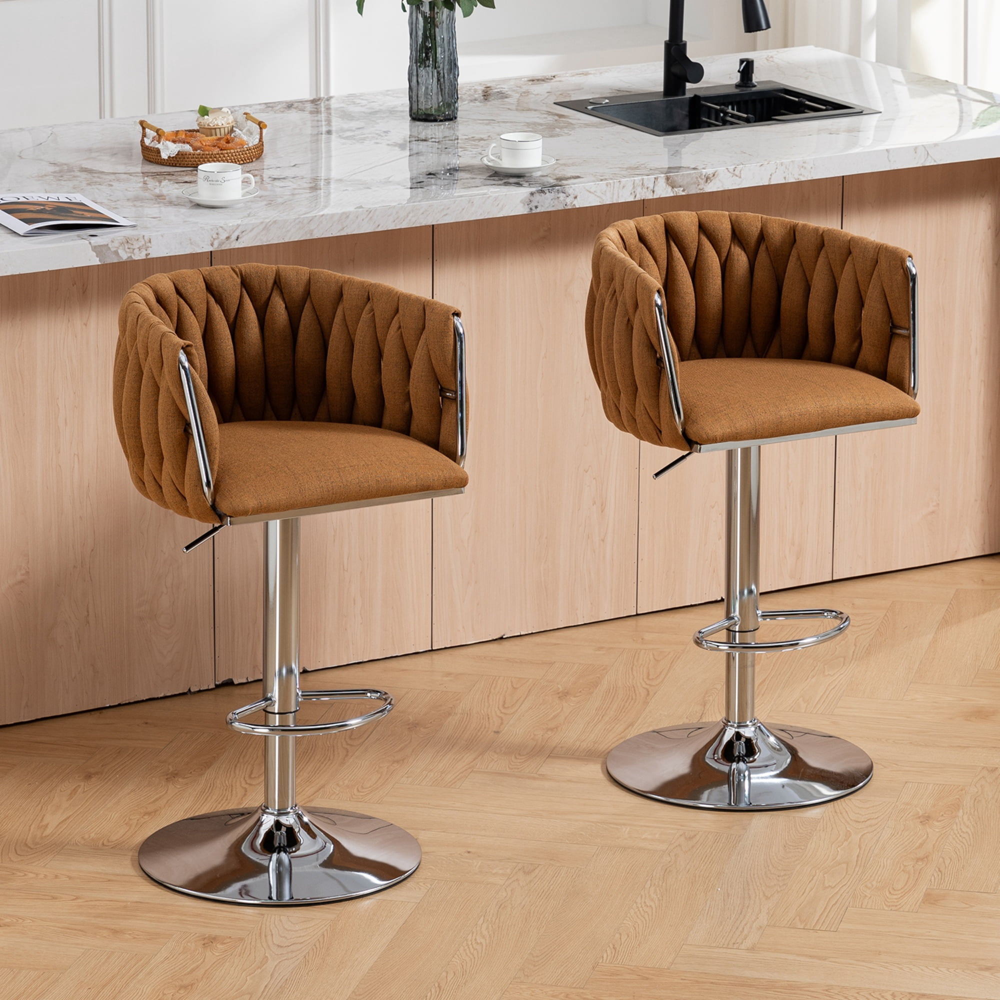 Swivel Bar Stool Set of 2, Adjustable Counter Height Chair with Woven Back and Footrest for Kitchen Cafe, Caramel