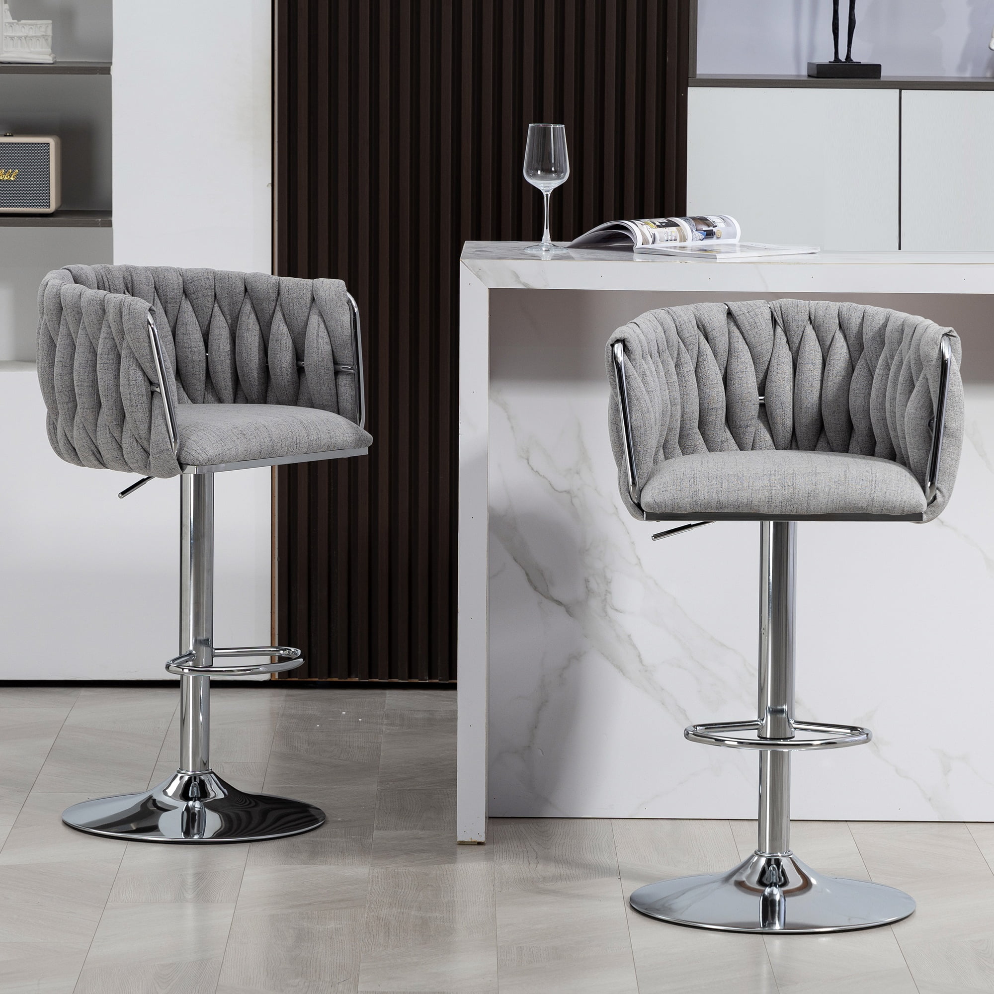 Swivel Bar Stool Set of 2, Adjustable Counter Height Chair with Woven Back and Footrest for Kitchen Cafe, Gray