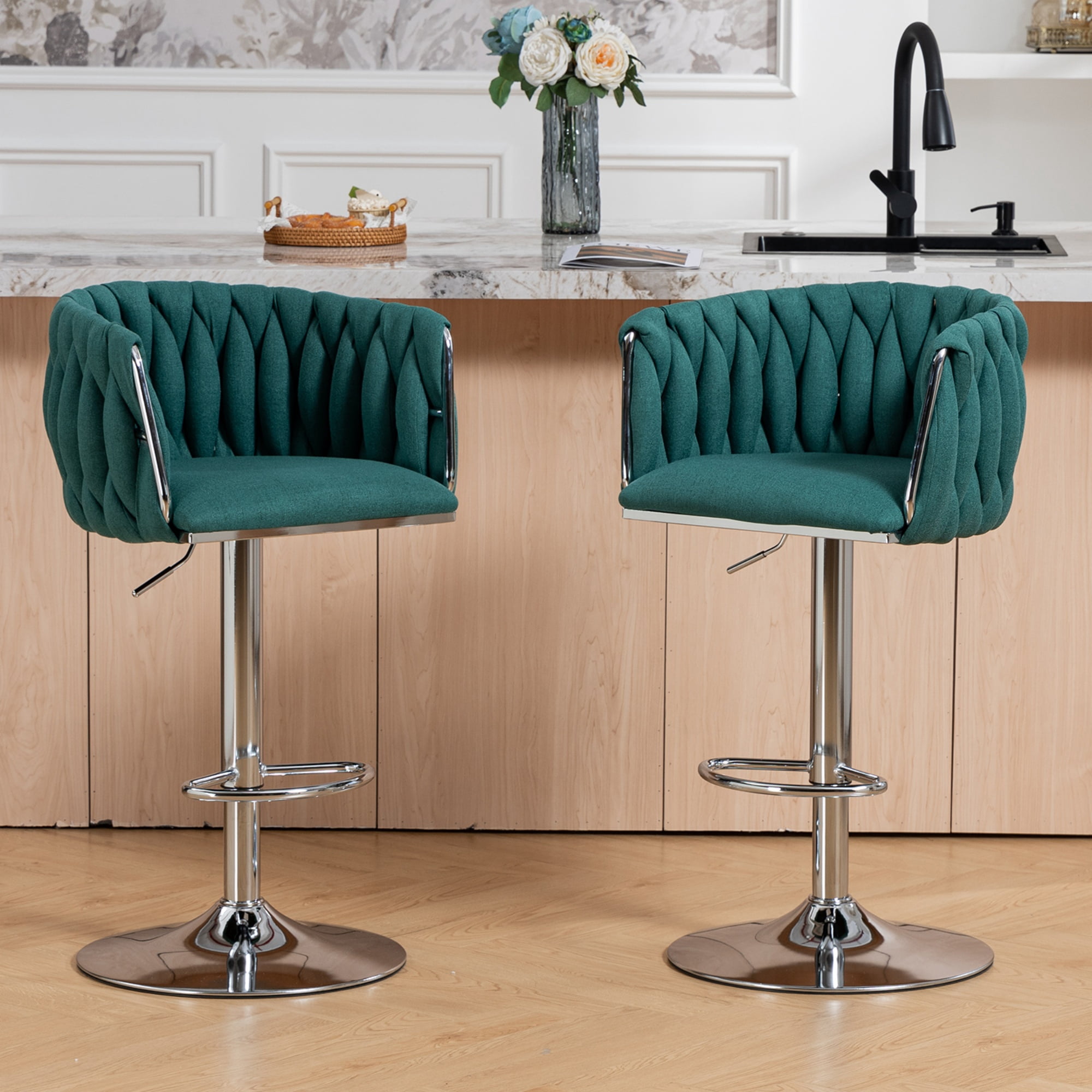 Swivel Bar Stool Set of 2, Adjustable Counter Height Chair with Woven Back and Footrest for Kitchen Cafe, Green