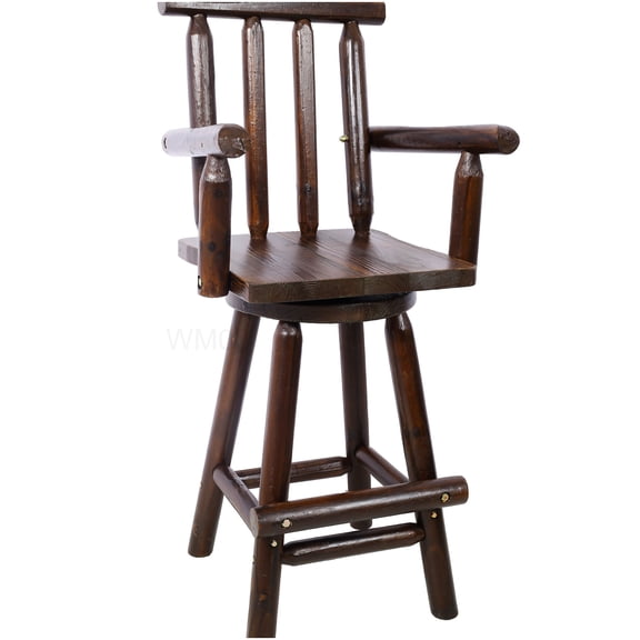 Swivel Bar Stool with Backrest and Arms, Solid Wood Kitchen Counter Height Chair, Brown