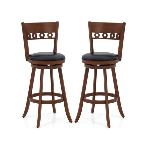 Swivel Bar Stools 2-Piece Set, Rubber Wood Frame, 24.5/30.5" Height, Brown & Black, for Kitchen Counter/Bar, 360° Swivel, Footrest, PVC Leather