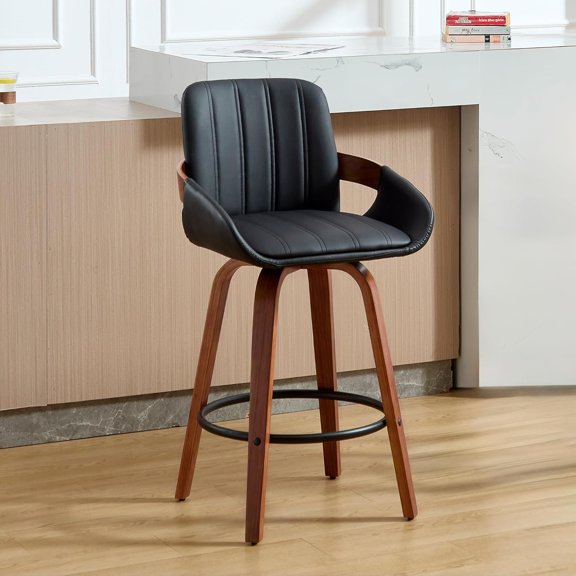 Swivel Bar Stools, 26" Counter Height Bar Stools with Back and Arms, Faux Leather Modern Upholstered Bar Chairs with Walnut Frame for Kitchen Island Bar - Black