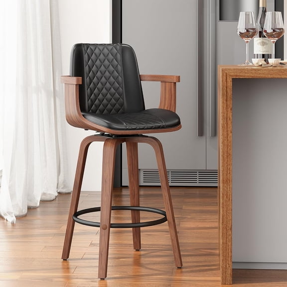 Swivel Bar Stools, 26" Counter Height Barstools with Wood Legs and Backs, Upholstered PU Leather Bentwood Frame Bar Chairs with Armrest for Kitchen Island, Dining Room, Black