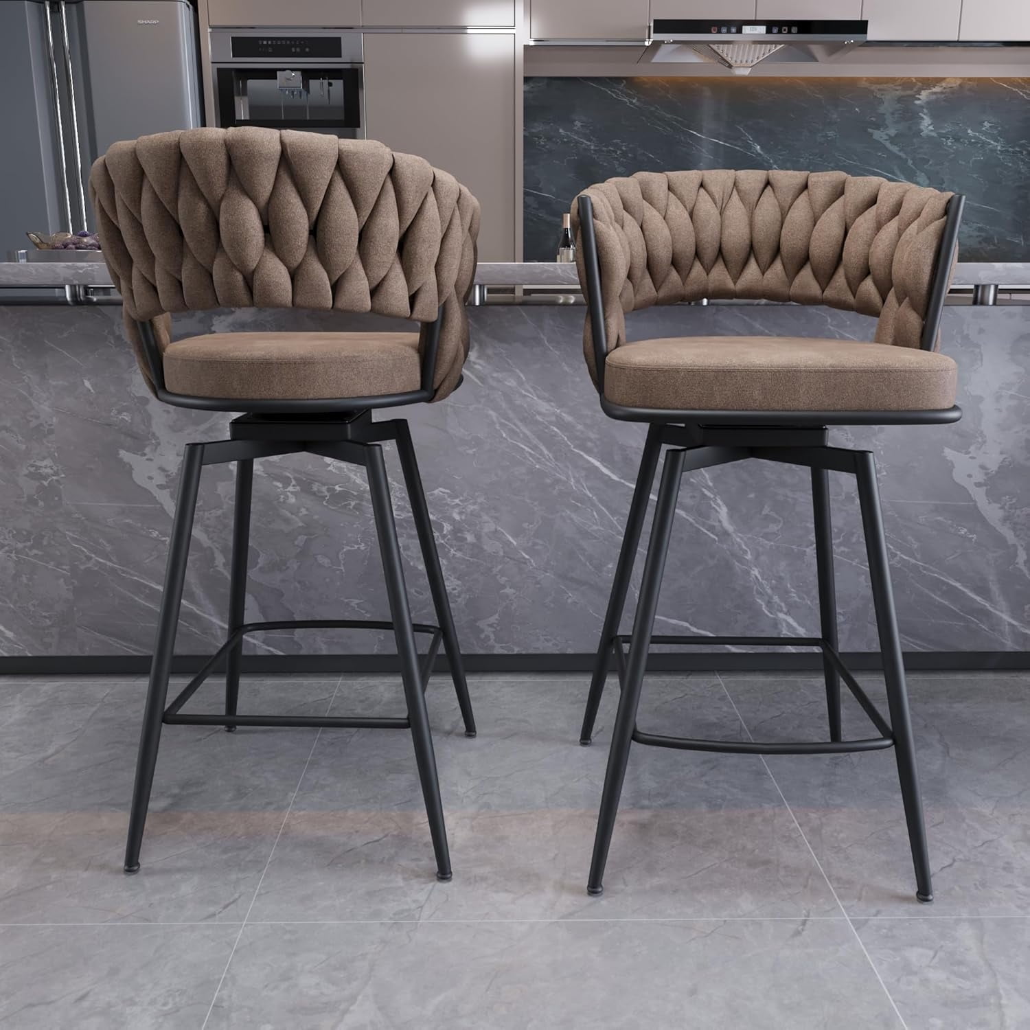 Swivel Bar Stools 360° Swivel Bar Stool with Back & Footrest Modern Velvet Tufted Bar Chairs for ...