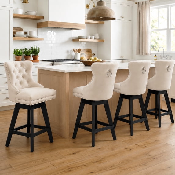 Swivel Bar Stools With Back Sets of 4, LEGAHOME Farmhouse Beige Bar Stools for 34–38" Kitchen Island, 26" Velvet Upholstered Barstools Counter Stools for Breakfast, 4 PCS