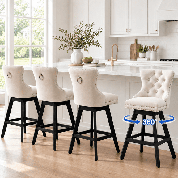Swivel Bar Stools With Back Sets of 4, LEGAHOME Farmhouse Beige Bar Stools for 34–38" Kitchen Island, 26" Velvet Upholstered Barstools Counter Stools for Breakfast, 4 PCS