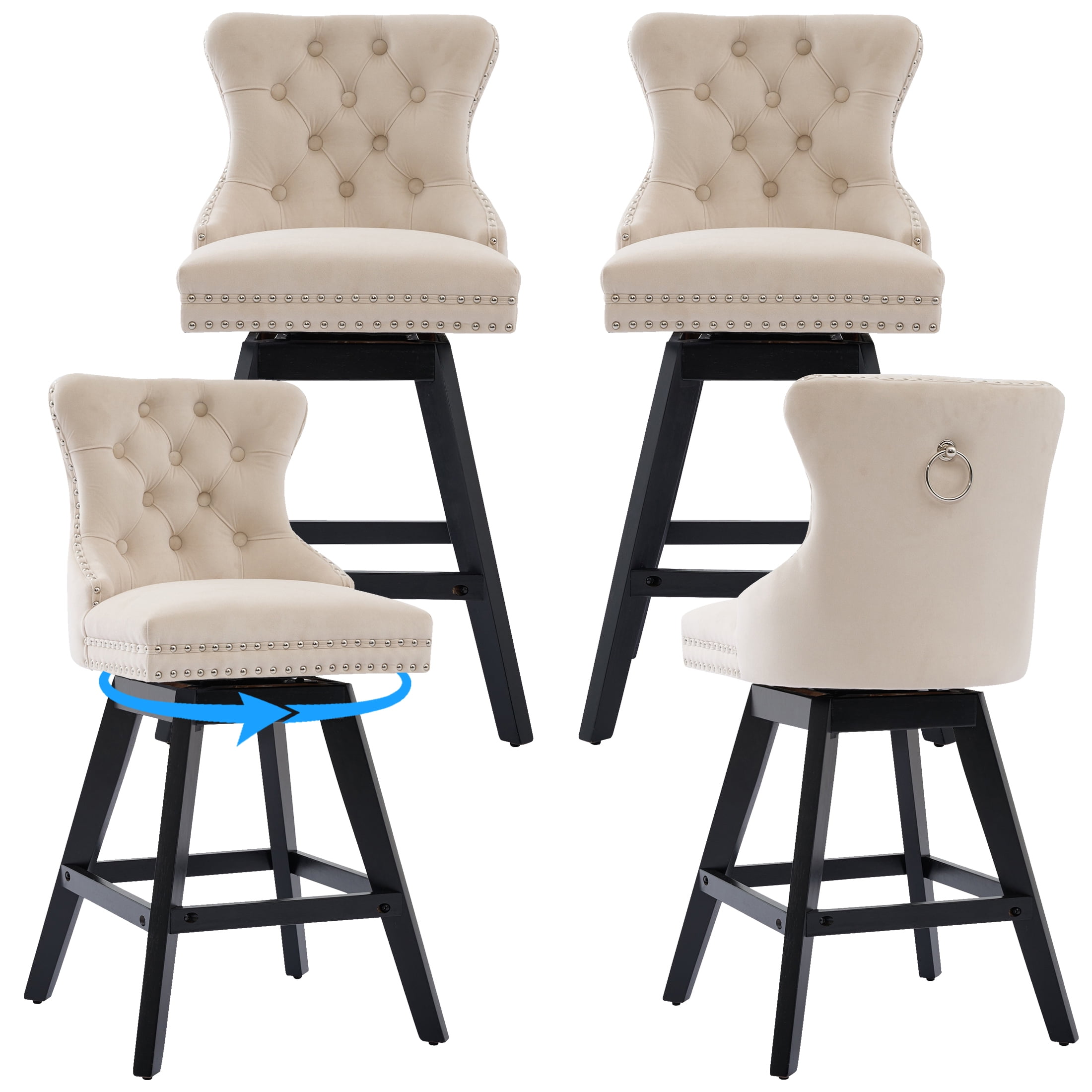 Swivel Bar Stools Set of 4, 26" Counter Height Bar Stools with Back, Farmhouse Velvet Barstools for 34–38" Kitchen Island, Beige (Set of 4)