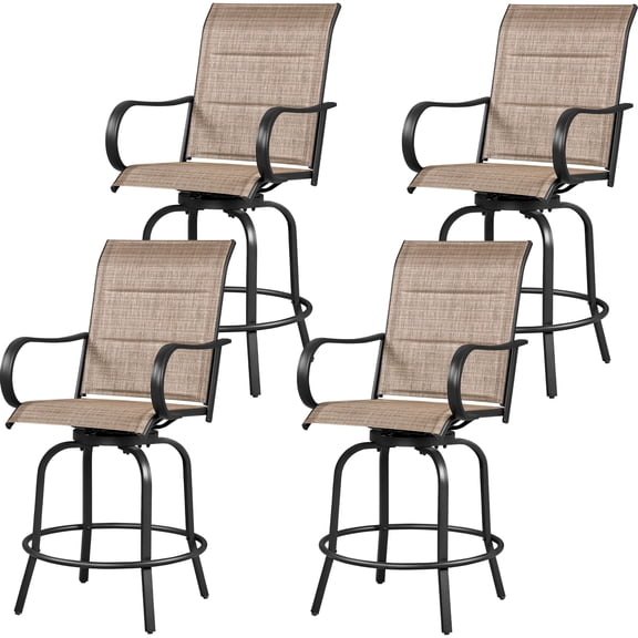 Swivel Bar Stools 4 Piece Set, Textiline High Back Bistro Chairs with Armrest Footrest, All Weather Outdoor Furniture for Patio Deck Garden, Black/Brown