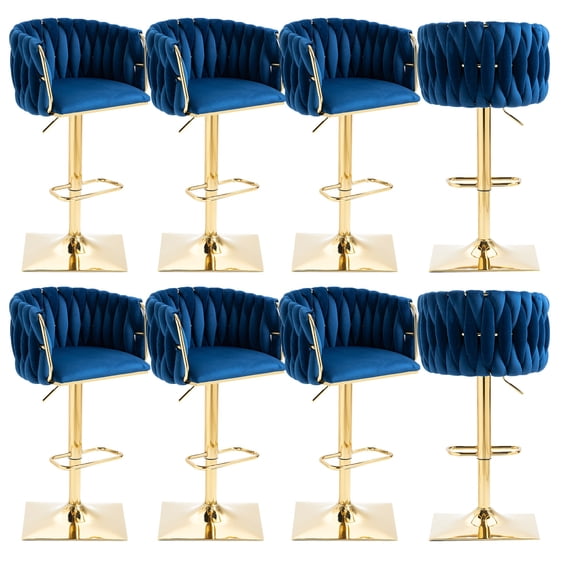 Swivel Bar Stools, Adjustable Height Bar Stools with Back and Golden Footrest, Upholstered Barstools, Vintage Sturdy Frame Chairs for Kitchen Island, Home Bar(Navy,Set of 8)