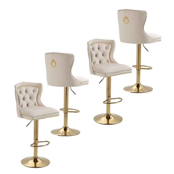 Swivel Bar Stools, Adjustable Height Bar Stools with Button Decor and Golden Footrest, Upholstered Barstools, Retro Style Nailheads Trim Chairs for Kitchen Island(Ivory,Set of 4)