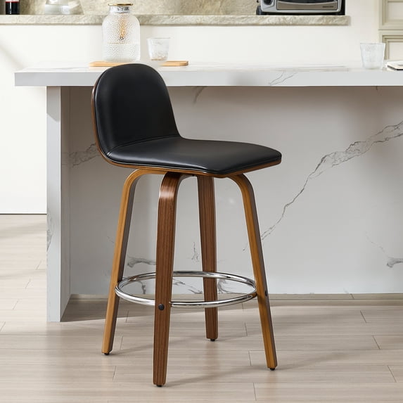 Swivel Bar Stools Set of 1, 26" Counter Height Upholstered PU Leather Barstools with Low Back Walnut Bentwood Legs, Mid Century Modern Bar Chair Kitchen Island Stool
