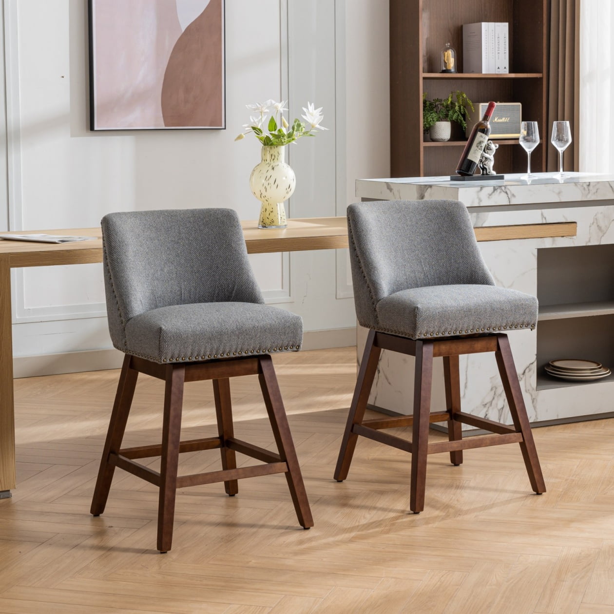 Swivel Bar Stools Set of 2, 26" Counter Height Bar Stools with Back & Footrest, Upholstered Kitchen Island Chairs with Built-in Nailhead Trim for Home Bar, Pub, Gray