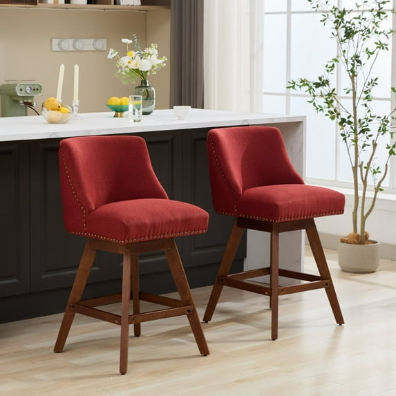 Swivel Bar Stools Set of 2, 26" Counter Height Bar Stools with Back & Footrest, Upholstered Kitchen Island Chairs with Built-in Nailhead Trim for Home Bar, Pub, Wine Red