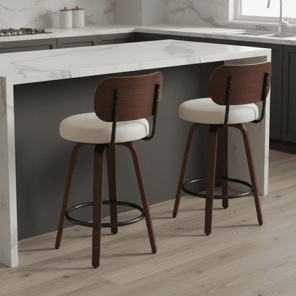 Swivel Bar Stools Set of 2, 26" Counter Height PU Leather & Walnut Barstools with 360 Swivel, Curved Back & Metal Footrest, Beige Kitchen Island Chairs