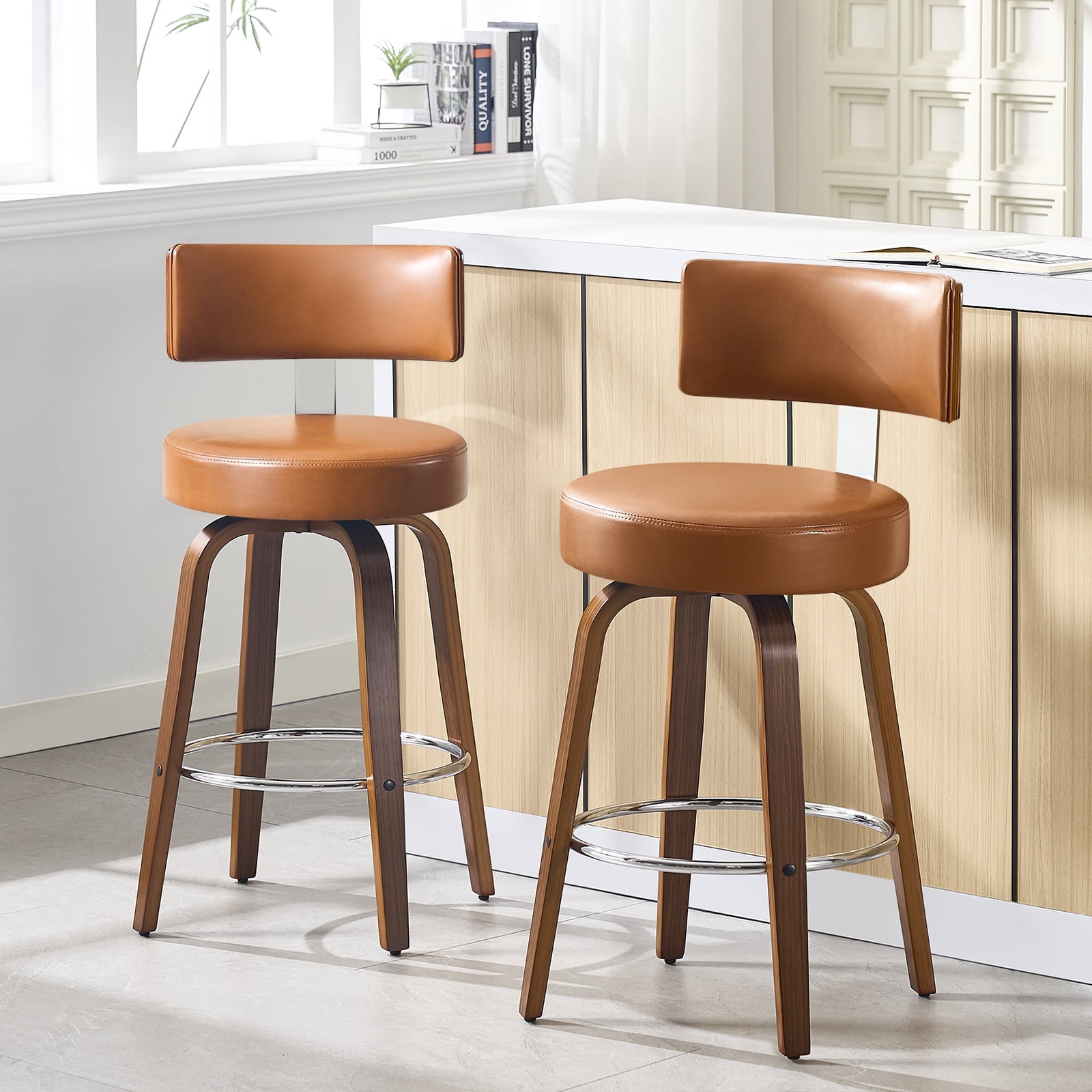 WOOW DEPOT PU Swivel Bar Stools Set of 2, 26" Seat Height Modern Upholstered Bar Chairs w/ Mid-back Round Seat Walnut Legs Leather Island Stools for Kitchen Counter