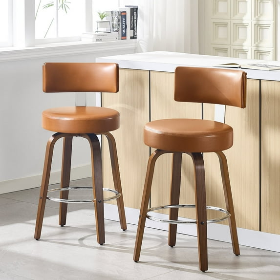 WOOW DEPOT PU Swivel Bar Stools Set of 2, 26" Seat Height Modern Upholstered Bar Chairs w/ Mid-back Round Seat Walnut Legs Leather Island Stools for Kitchen Counter