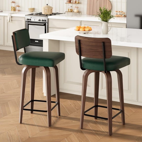 Swivel Bar Stools Set of 2, 26" Upholstered Counter Height Bar Stools with Back and Walnut Wood Legs, Larger Cushion Size 18.3"*17.5", Faux Leather Barstools for Kitchen Counter, Green