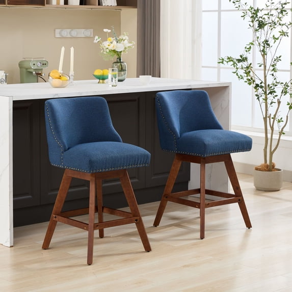 Swivel Bar Stools Set of 2, 26'' Upholstered Counter Height Swivel BarStools, Fabric Island Chairs with Back & Wood Legs for Kitchen, Pub & Cafe, Blue