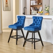 Swivel Bar Stools Set of 2, 26 Upholstered Counter Height Barstools with Nailhead Trim, Button Tufted and Wooden Legs, Velvet Bar Chairs Island Stools for Kitchen Counter, Blue