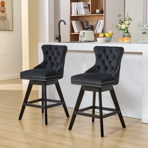 Swivel Bar Stools Set of 2, 26" Upholstered Counter Height Barstools with Nailhead Trim, Button Tufted and Wooden Legs, Velvet Bar Chairs Island Stools for Kitchen Counter, Black