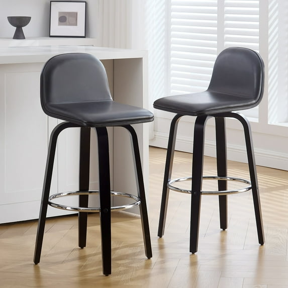 Swivel Bar Stools Set of 2, 29" Counter Height Upholstered PU Leather Barstools with Low Back Walnut Bentwood Legs, Mid Century Modern Bar Chair Kitchen Island Stool
