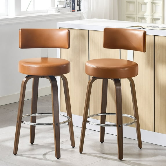 WOOW DEPOT PU Swivel Bar Stools Set of 2, 29" Seat Height Modern Upholstered Bar Chairs w/ Mid-back Round Seat Walnut Legs Leather Island Stools for Kitchen Counter