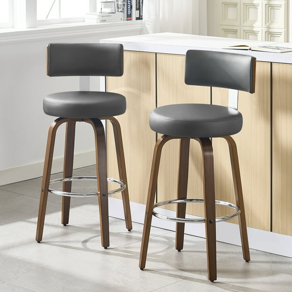 WOOW DEPOT PU Swivel Bar Stools Set of 2, 29" Seat Height Modern Upholstered Bar Chairs w/ Mid-back Round Seat Walnut Legs Leather Island Stools for Kitchen Counter