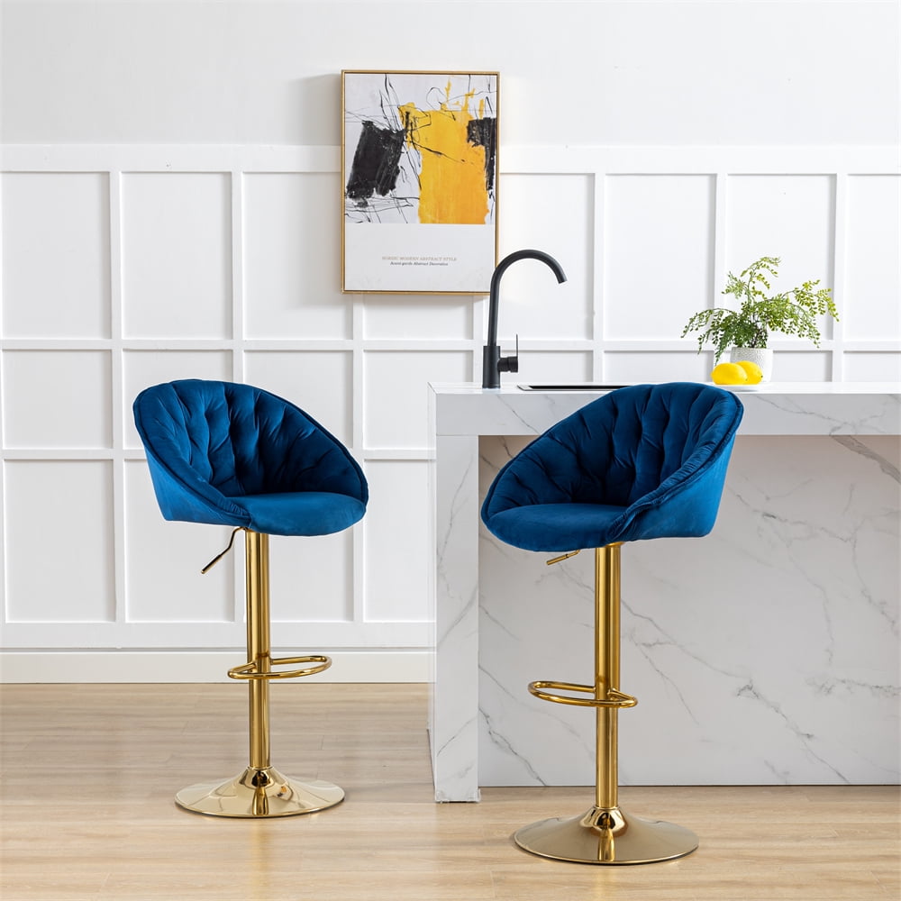Swivel Bar Stools Set of 2 34 42 Inch Adjustable Counter Height Barstools with Tufted Back Gold Footrest and Metal Frame Vintage Upholstered Bar