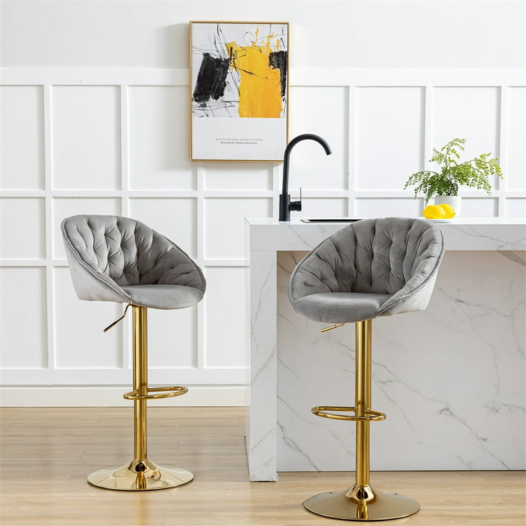 Swivel Bar Stools Set of 2 34 42 Inch Adjustable Counter Height Barstools with Tufted Back Gold Footrest and Metal Frame Vintage Upholstered Bar Chairs for Kitchen Island Pub Bistro Grey Walmart