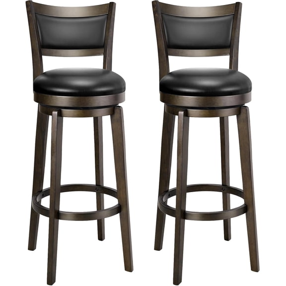 Swivel Bar Stools Set of 2, 34 Inch Extra Tall Bar Height Barstools, Black Faux Leather Bar Stool with High Backrest, Solid Wood Leg, Wrap-Around Footrest, Counter Stools for Pub