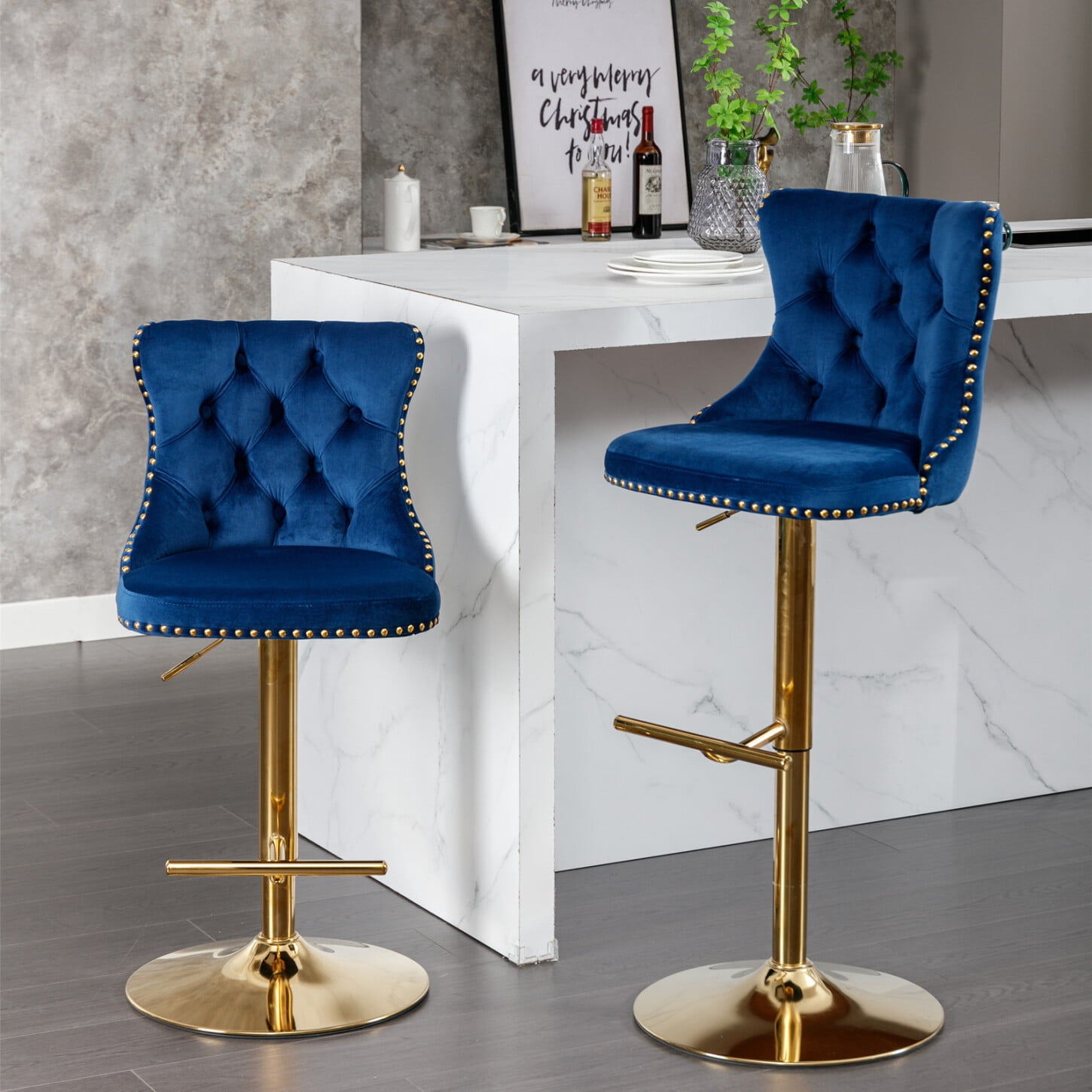 Button Back Stools Swivel Bar Stools Set of 2, Adjustable Bar Stools with Button Tufted ...