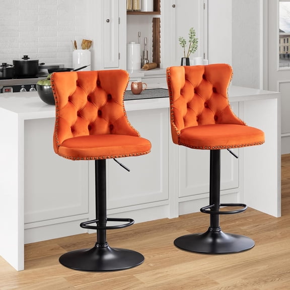 Swivel Bar Stools Set of 2,Adjustable Barstools with Back Velvet Tufted Counter Stools Modern Upholstered Bar Chairs with Nailhead for Kitchen Island Restaurant Pub Counter