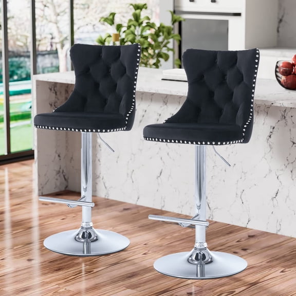 Swivel Bar Stools Set of 2,Adjustable Barstools with Back Velvet Tufted Counter Stools Modern Upholstered Bar Chairs with Nailhead for Kitchen Island Restaurant Pub Counter