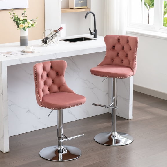 Swivel Bar Stools Set of 2,Adjustable Barstools with Back Velvet Tufted Counter Stools Modern Upholstered Bar Chairs with Nailhead for Kitchen Island Restaurant Pub Counter