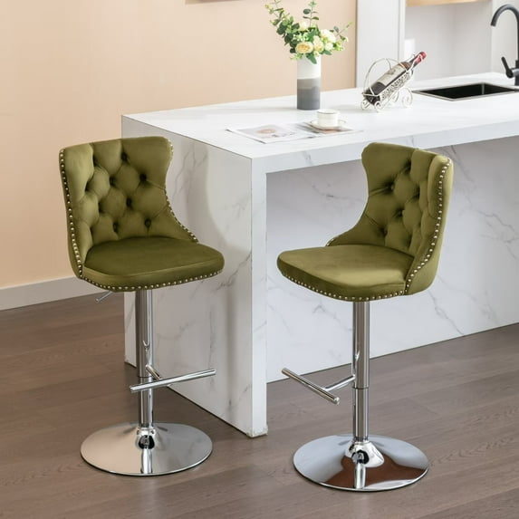 Swivel Bar Stools Set of 2, Adjustable Counter Height Barstools with Wing Back, Nailheads Trim and Silver Footrest, Velvet Button Tufted Upholstered Bar Chairs for Dining Room Island, Olive Green