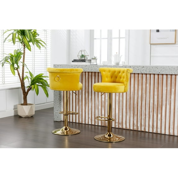 Swivel Bar Stools Set of 2 Adjustable Counter Height Chairs, Velvet Upholstered Barstools with Button Tufted Back and Rivet Decor, Mid-Century Bar Chairs with Footrest for Kitchen, Dining Room, Yellow