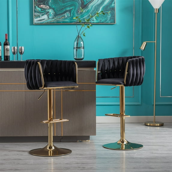 Swivel Bar Stools Set of 2, Adjustable Counter Height Bar Chairs with Woven Back and Footrest, Low Back Velvet Kitchen Island Stools with Gold Base for Dining Room Kitchen Pub, Black