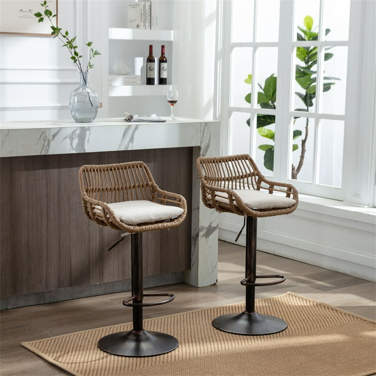 Set of 2 Swivel Bar Stools Adjustable Height Retro PE Rattan Upholstered with Footrest Metal Base Beige Walmart
