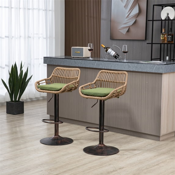 Swivel Bar Stools Set of 2 Adjustable Counter Height Bar Stools, Retro PE Rattan Bar Chair Upholstered Barstools with Footrest and Metal Base for Home Pub Kitchen Island and Dining Room, Green