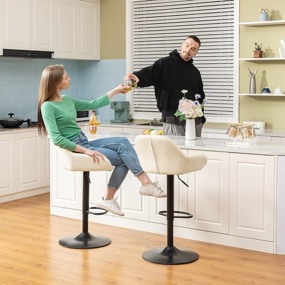 Swivel Bar Stools Set of 2, Adjustable Faux Leather Counter Height Bar Chairs with Back Support and Footrest, PU Upholstered for Kitchen Island Dining Room Pub Home Bar, Coconut Milk