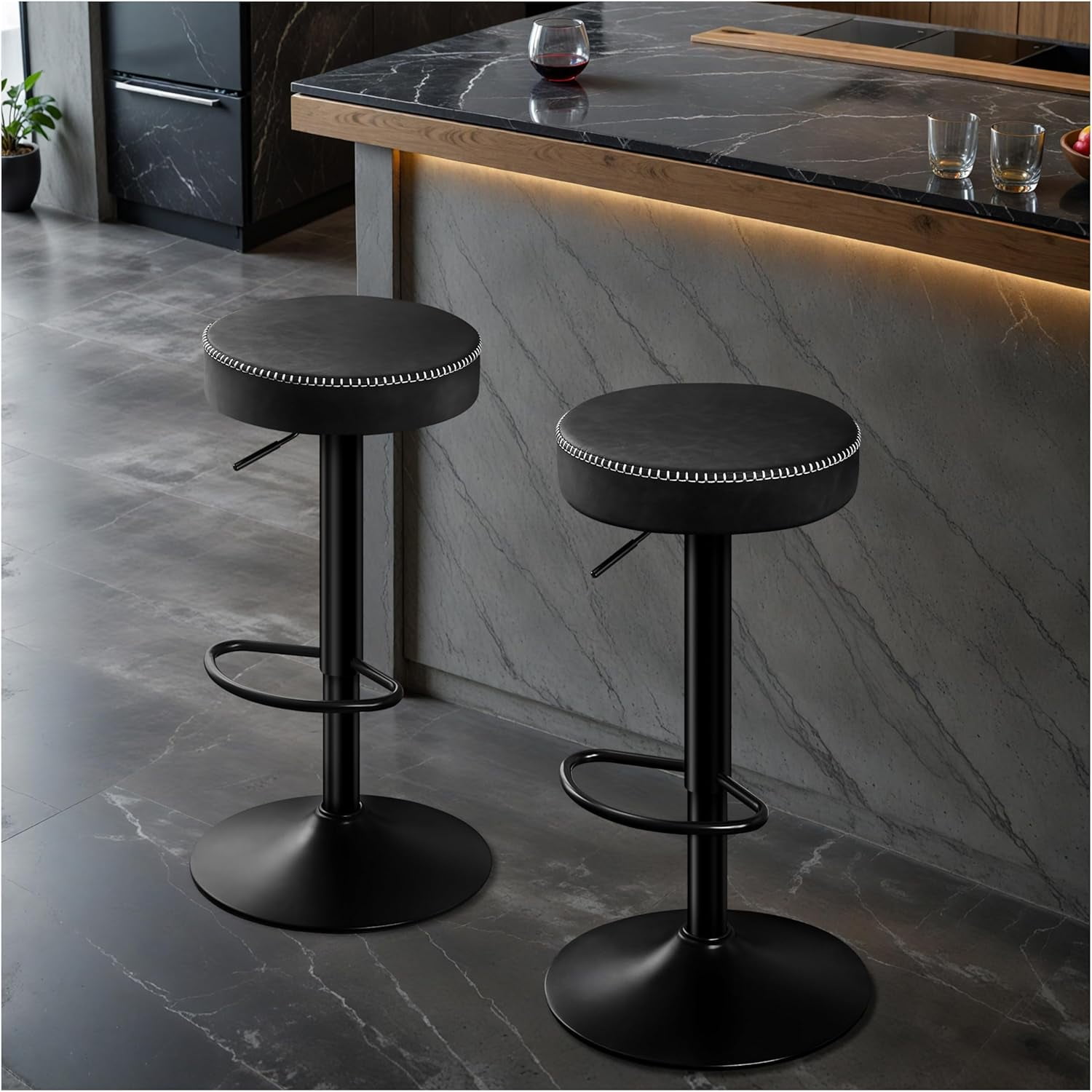 Swivel Bar Stools Set of 2 Black Microfiber Leather Counter Height Bar ...