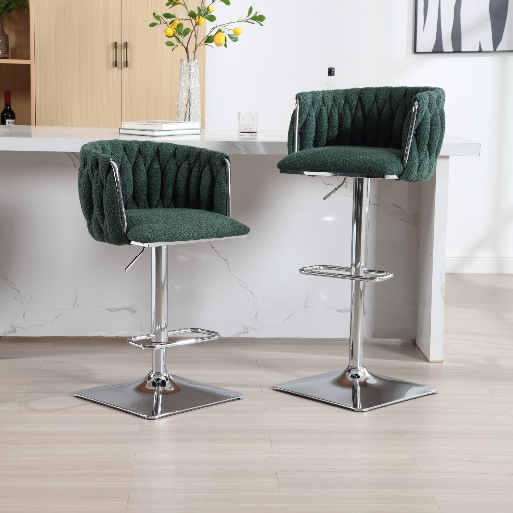 Swivel Bar Stools Set of 2, Boucle Fabric Barstools with Back and Widen