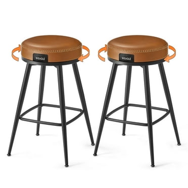 Swivel Bar Stools Set of 2, Counter Height Backless Bar Stools, Synthetic Leather with Stitching, Mid-Century Modern, 25.6-Inch Tall Kitchen Barstools for Home, Caramel Brown