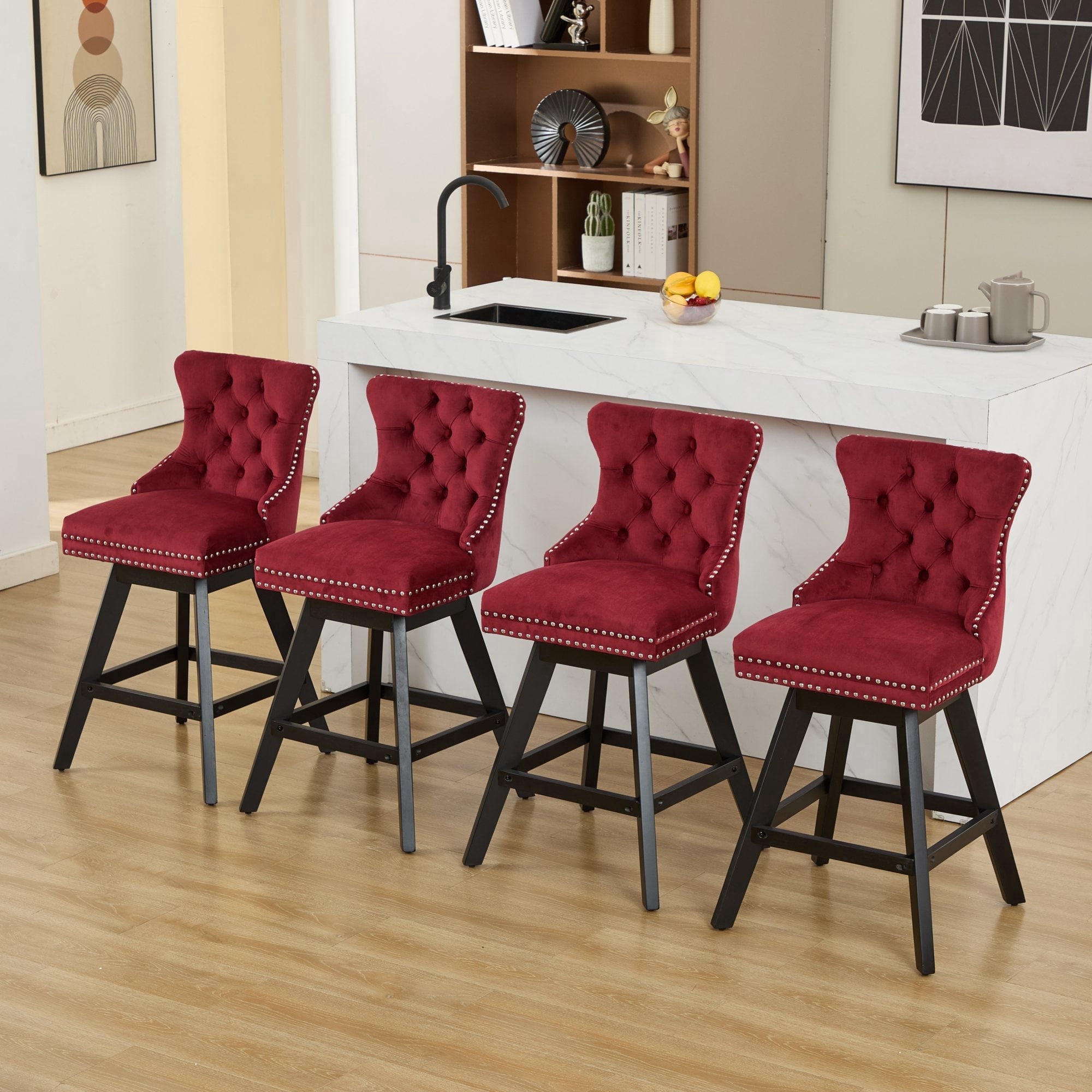 Button Back Stools Swivel Bar Stools Set of 2, Counter Height Bar Stools with Back ...