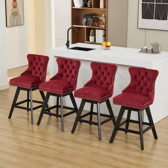 Swivel Bar Stools Set of 2, Counter Height Bar Stools with Back & Button Tufted Decoration, Velvet Upholstered with Rubberwood Legs & Chrome Nailhead Trim, Wind Red